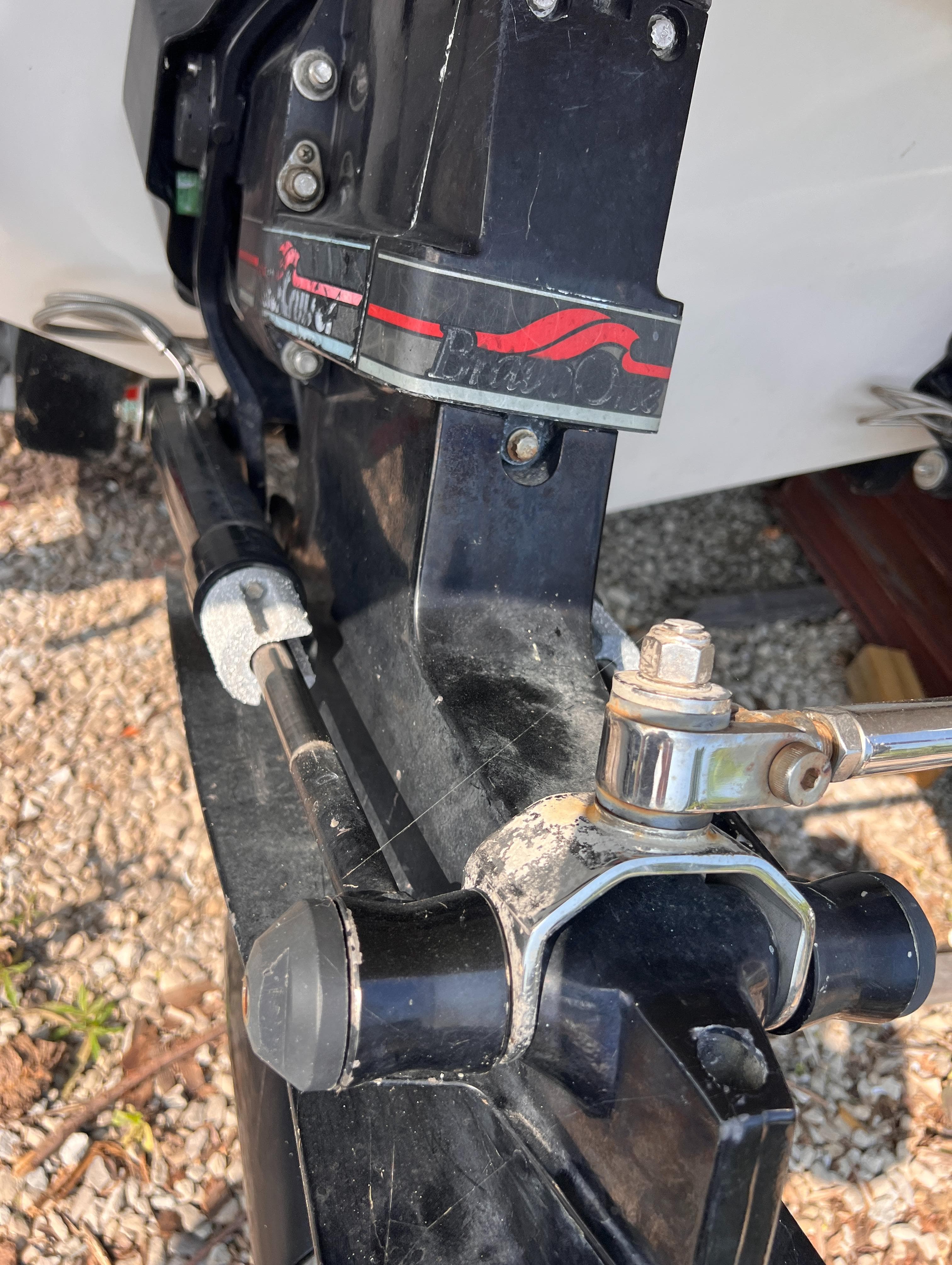 Close-up of 1995 Powerquest 290 Enticer FX boat engine components.