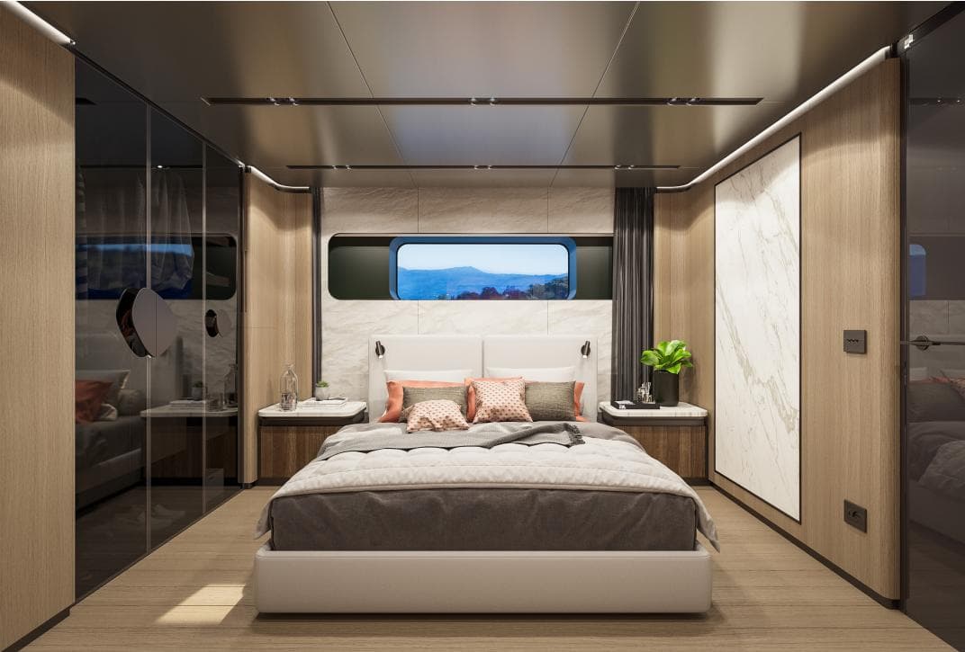 Luxurious 2026 Custom Sirena yacht bedroom with modern design and scenic window view.