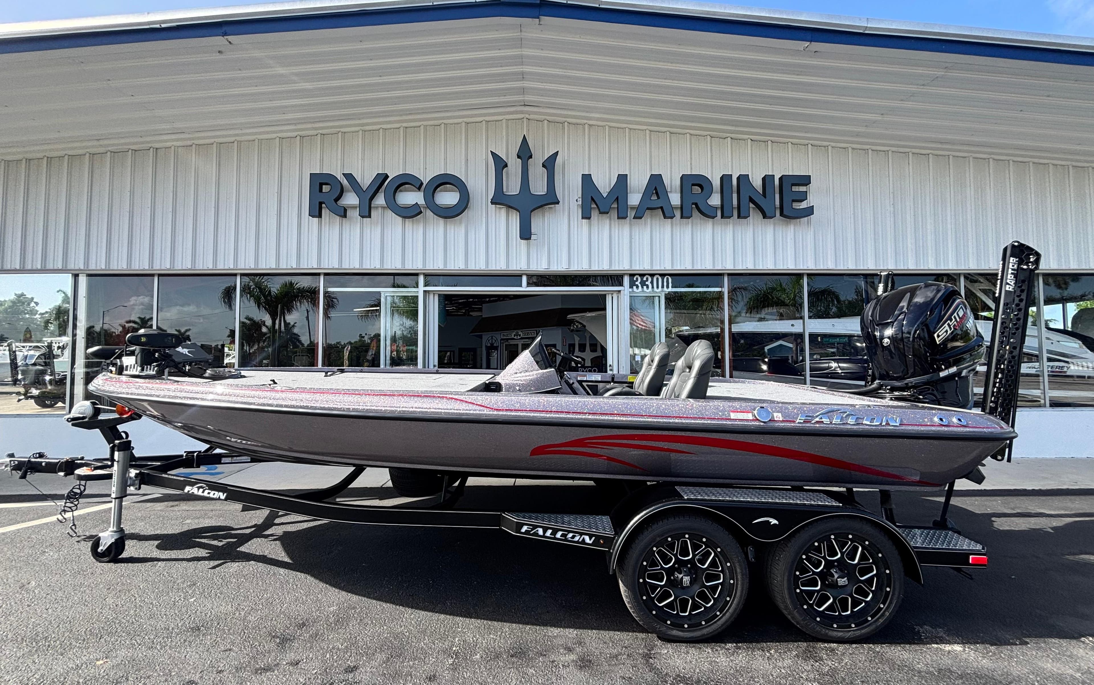 2025 Falcon Boats 21 Predator displayed at Ryco Marine dealership.