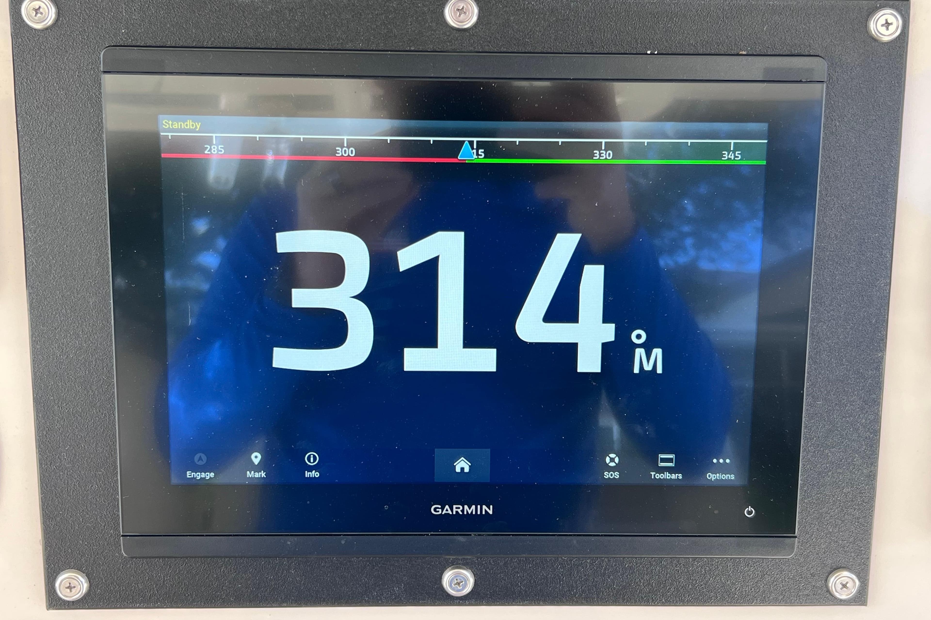 Garmin display on 2021 Boston Whaler 330 Outrage showing 314 meters.