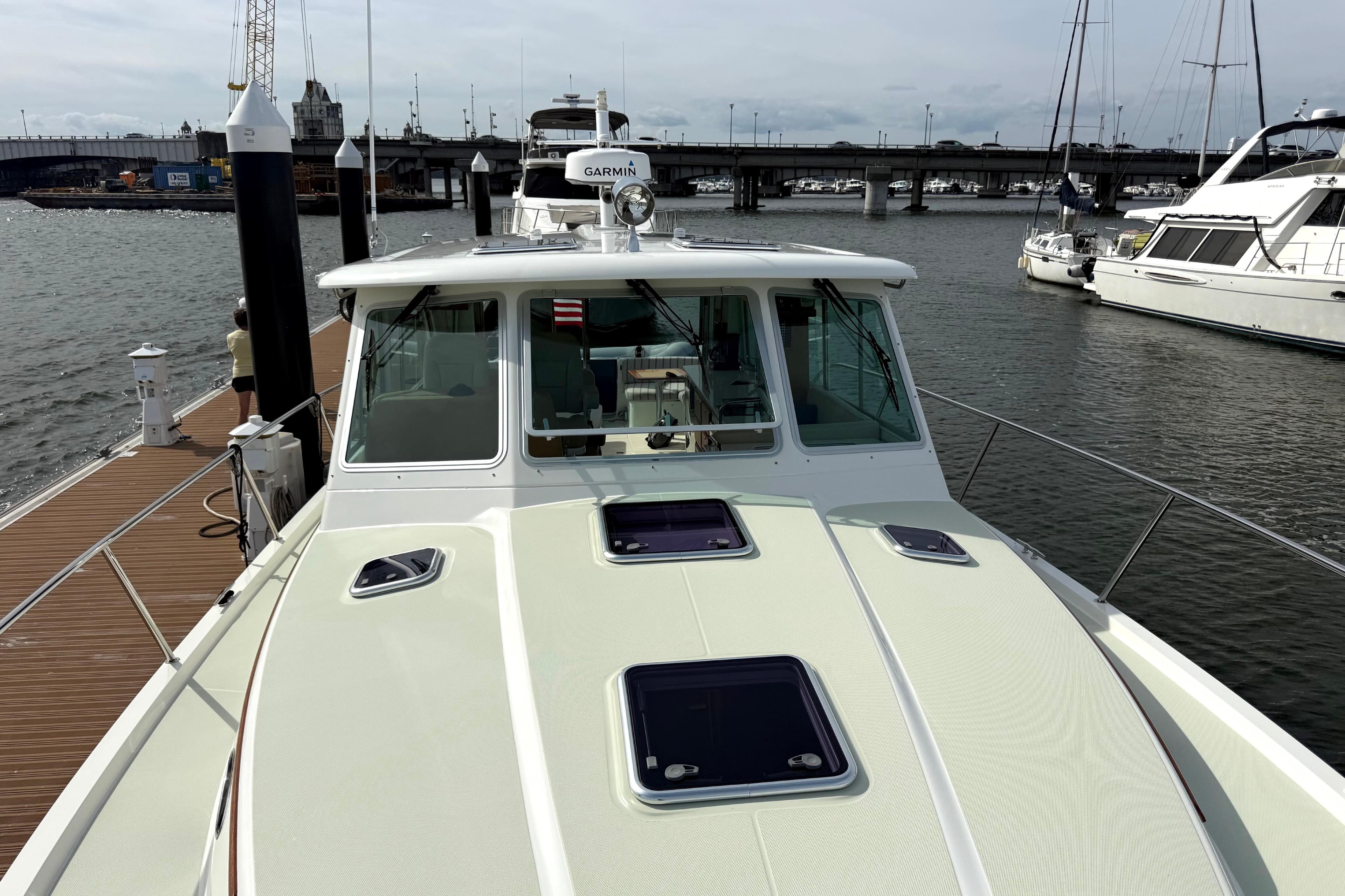 2018 Back Cove 41 yacht docked at marina, featuring sleek design and modern equipment.