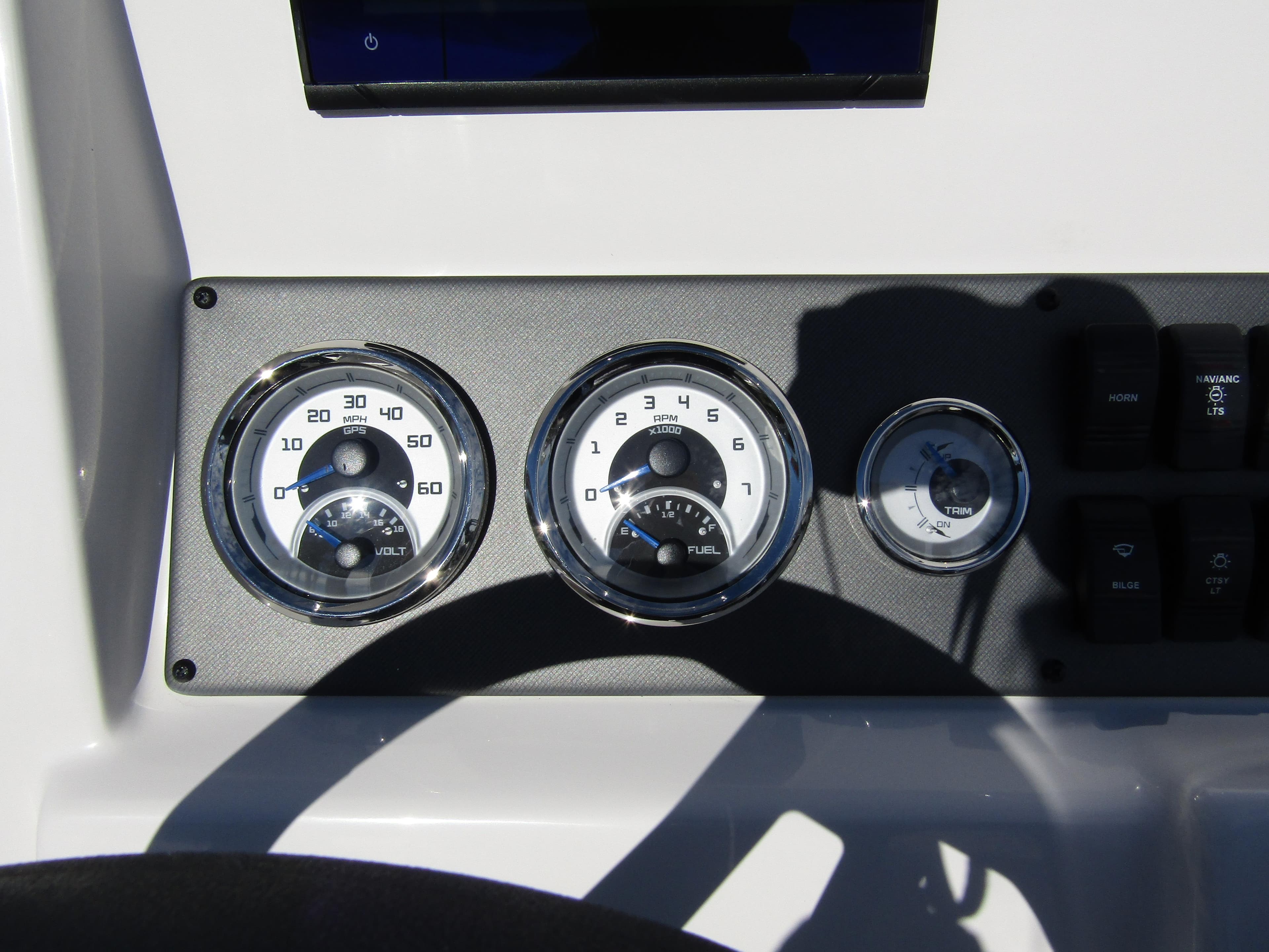 2024 Starcraft SVX 191 OB CC dashboard with speedometer, fuel gauge, and other controls.