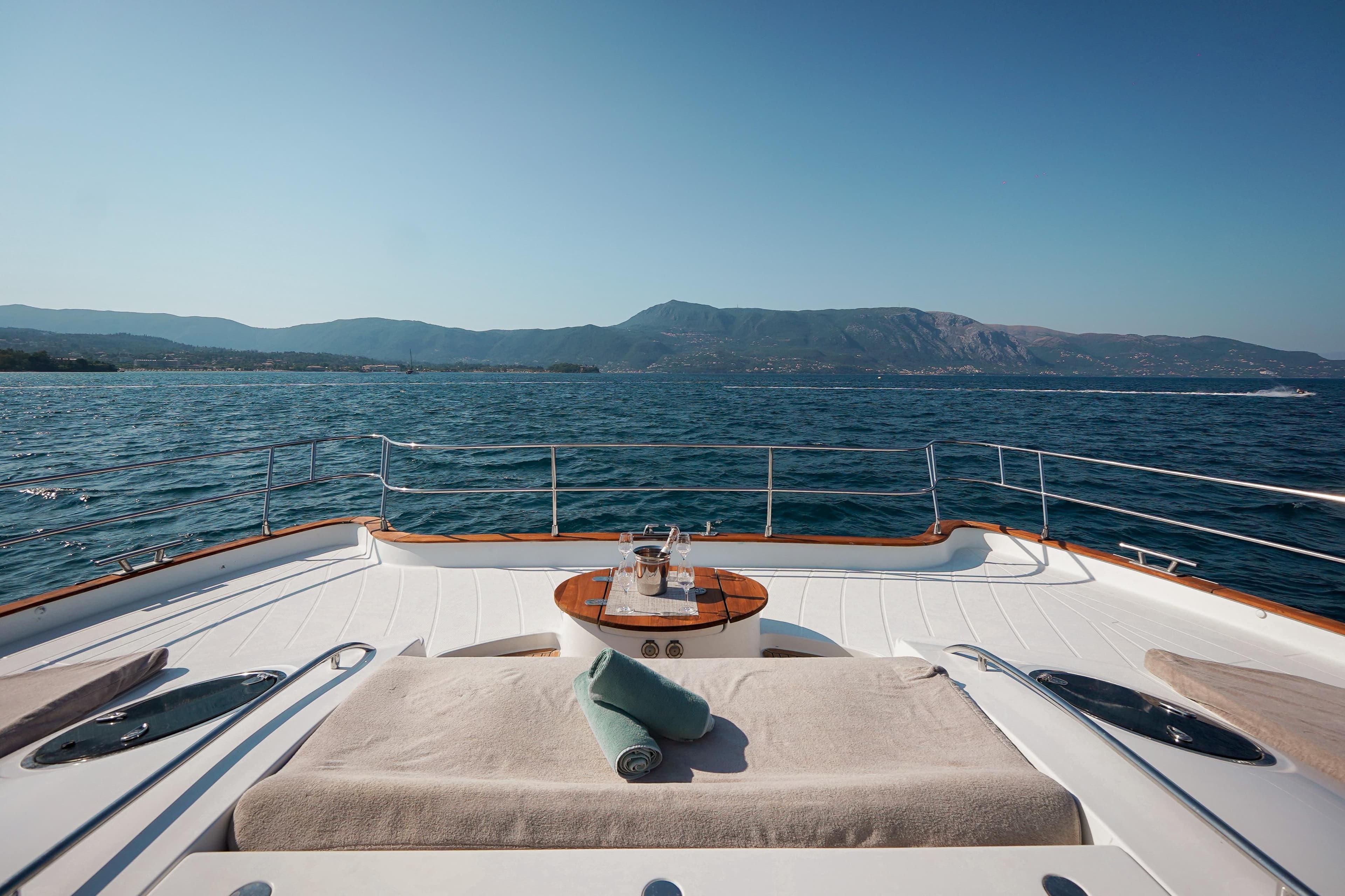 Luxurious deck of 2010 Fountaine Pajot Queensland 55 yacht with ocean view.
