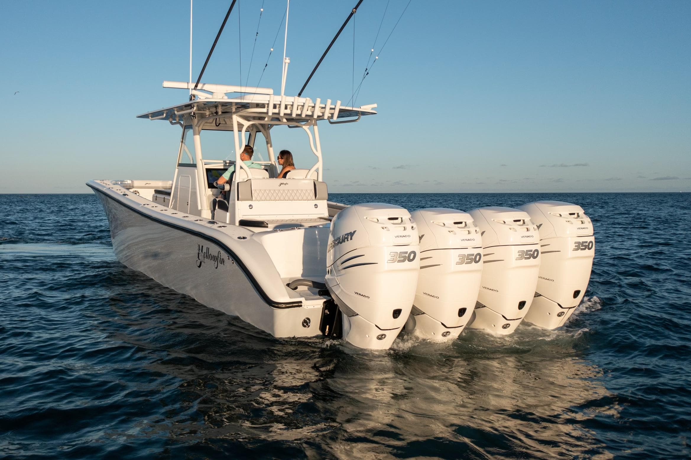 2019 Yellowfin 39 boat with four Mercury 350 outboard engines on open water.