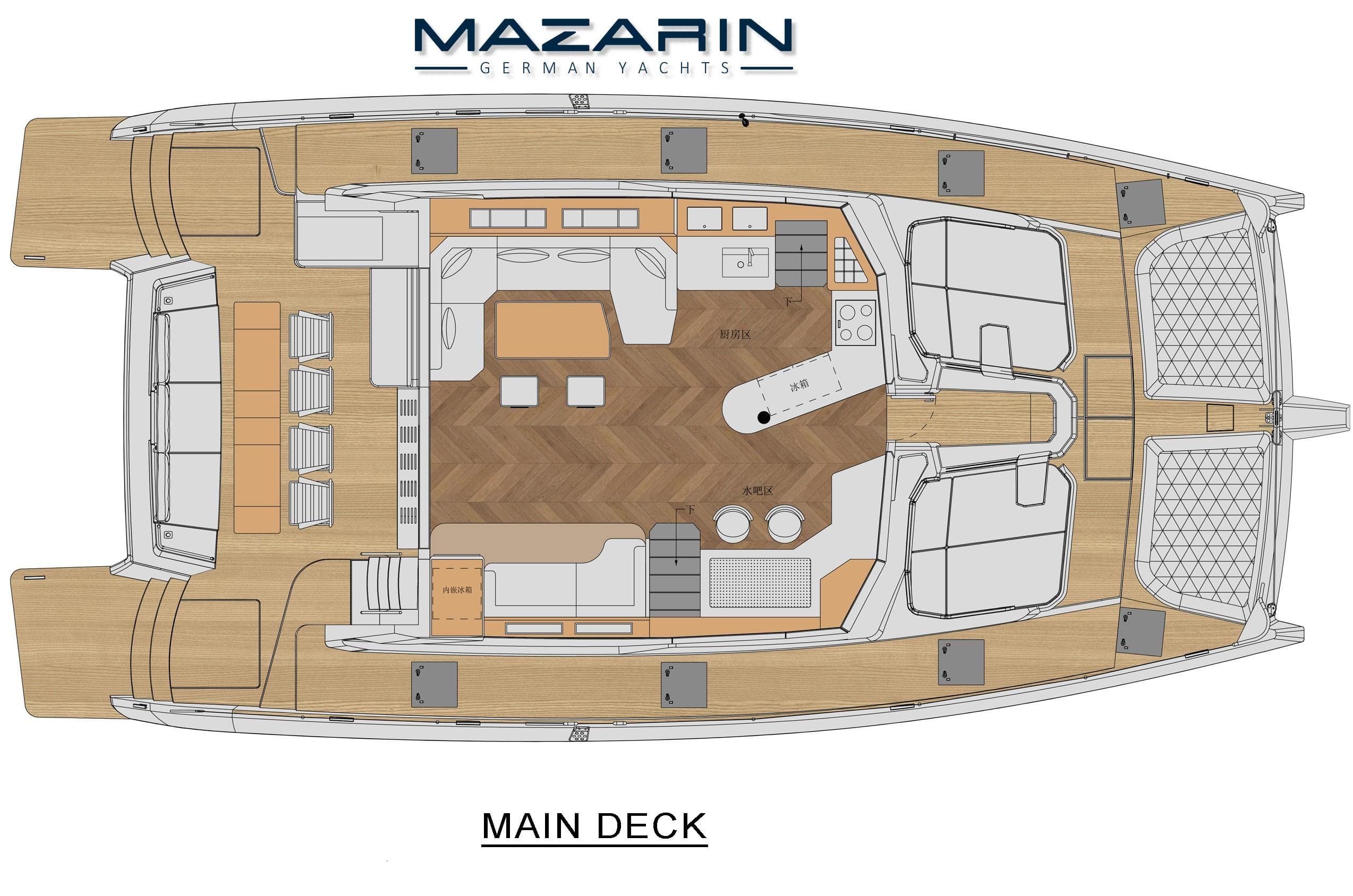 Main deck layout of 2025 Mazarin 55 Evo II catamaran, featuring spacious living and dining areas.