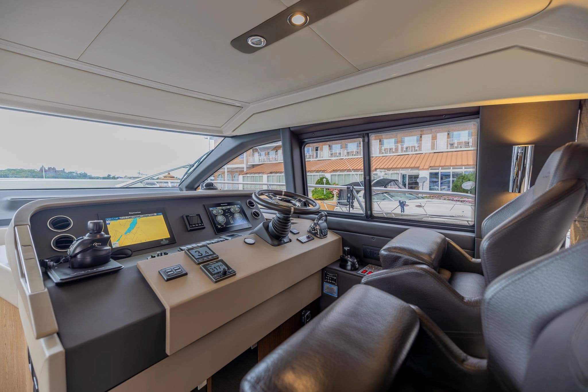 Interior view of Azimut 50 yacht helm, model year 2018.