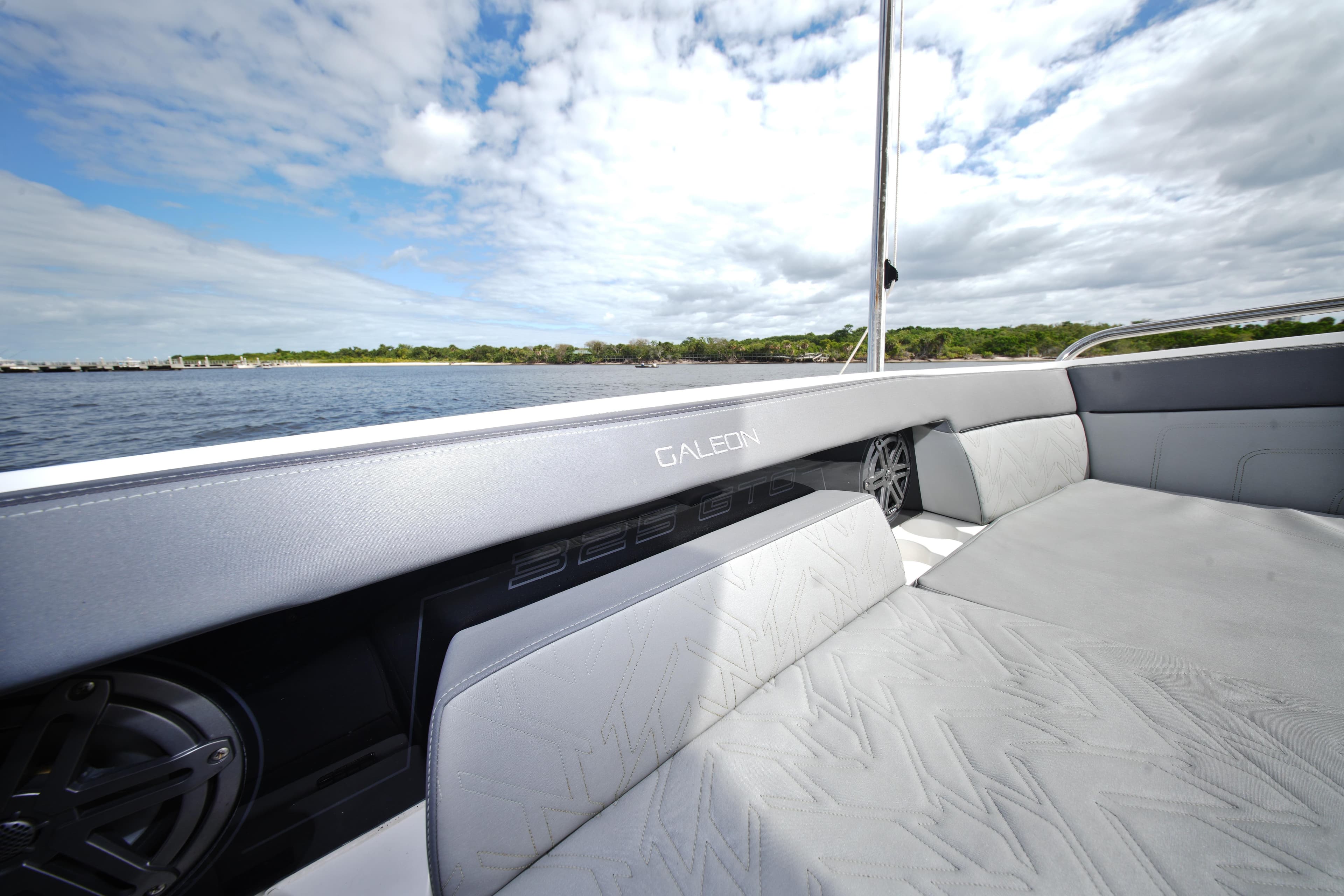 2023 Galeon 400 XL boat interior with sleek seating and scenic water view.