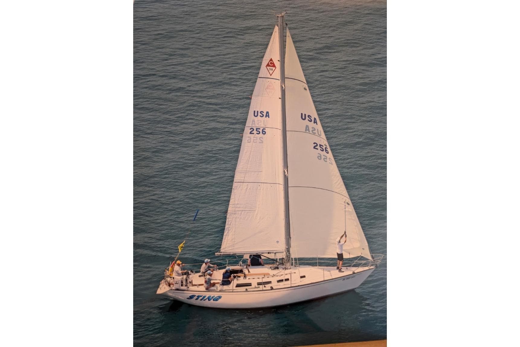 1984 Catalina 38 sailboat on open water, displaying full sails and crew onboard.