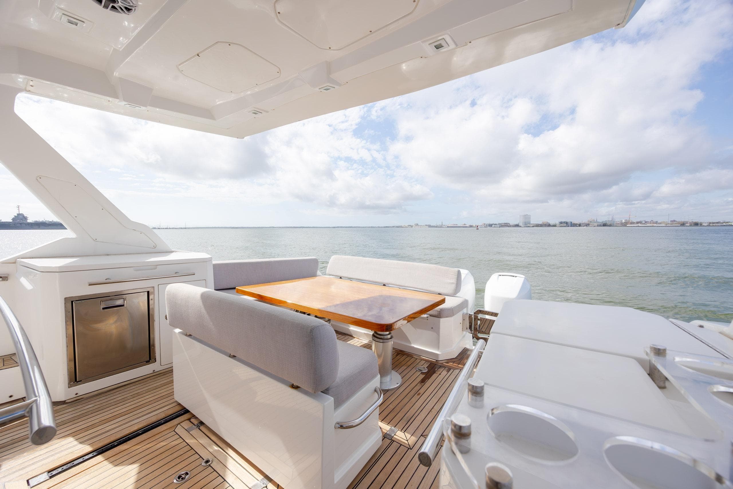 Luxury deck of 2019 Azimut Verve 40 yacht with ocean view.