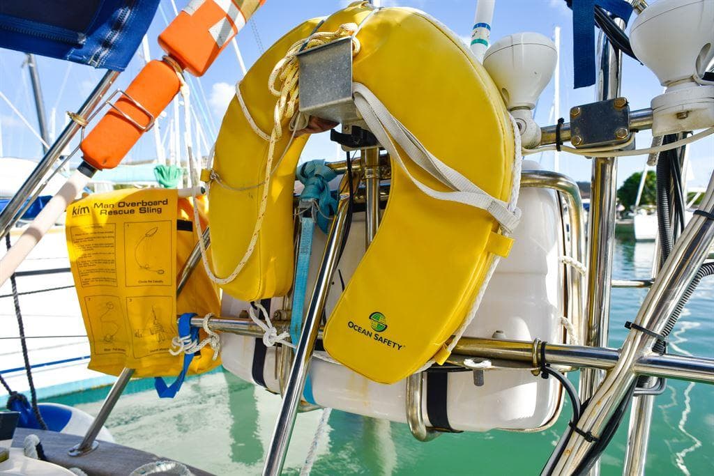 Yellow life-saving equipment on a 2000 Pacific Seacraft 40 sailboat.
