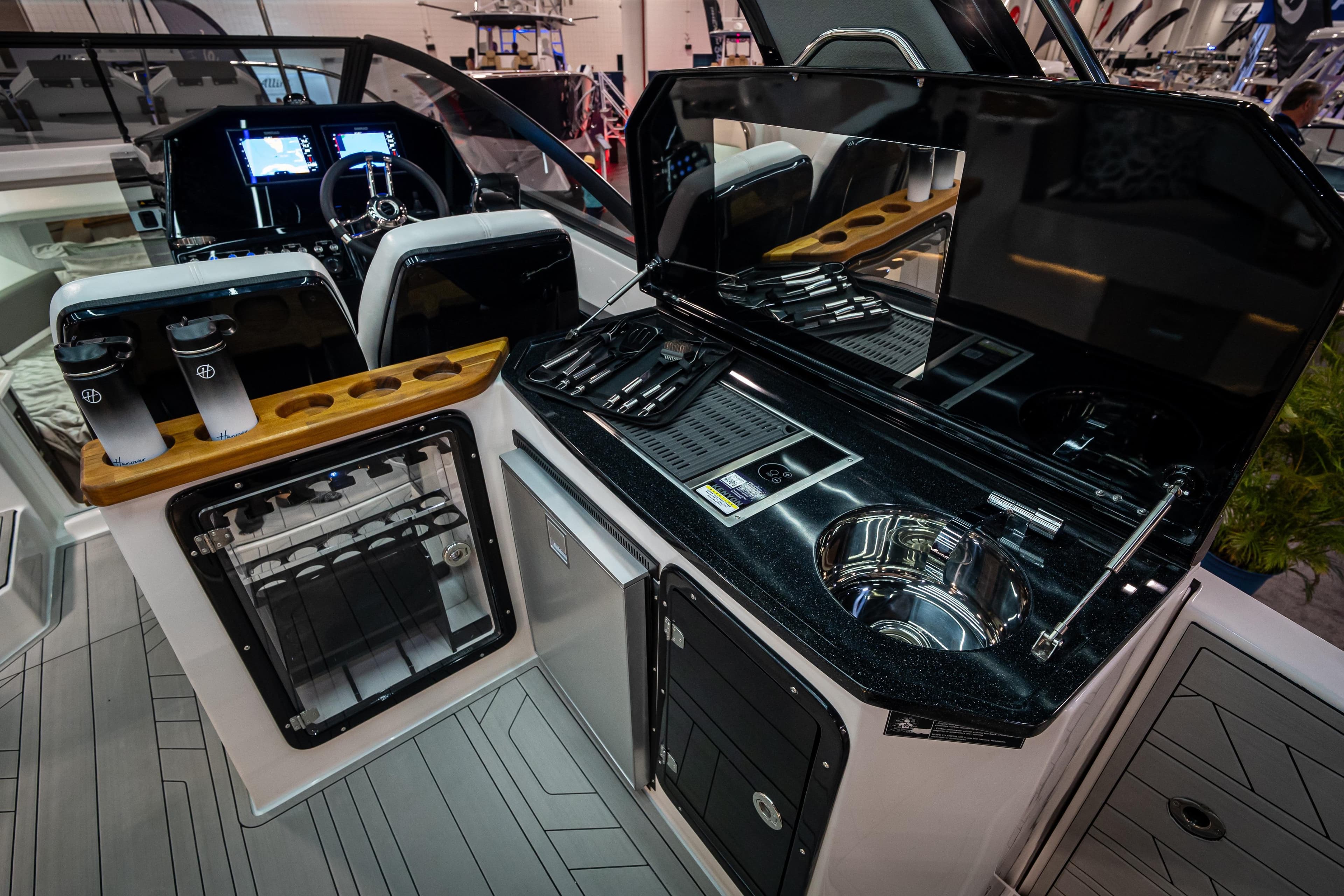 Luxurious Hanover 347 yacht interior with modern kitchen and navigation controls, 2026 model.