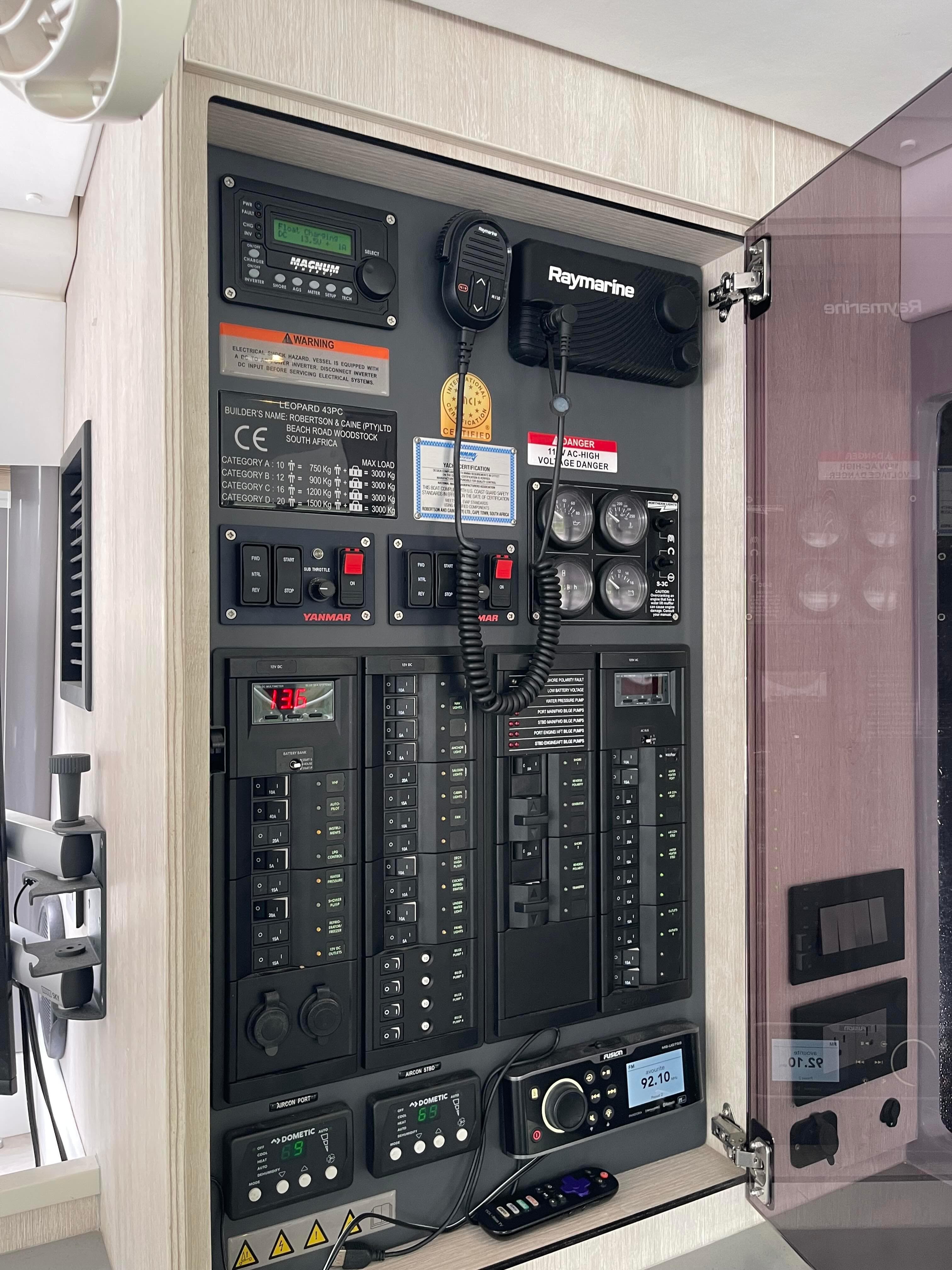 Electrical control panel of a 2020 Leopard 43 Powercat yacht.