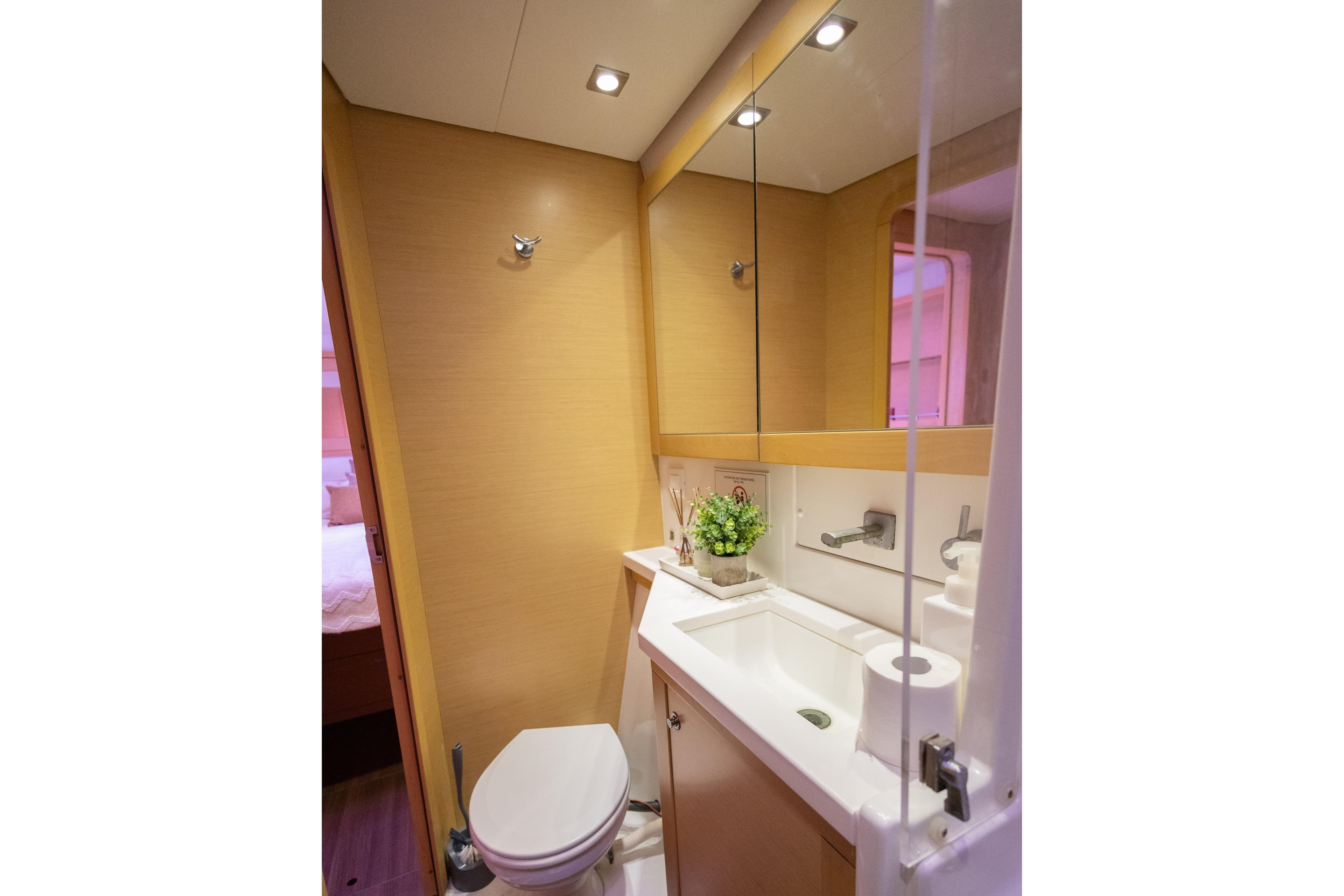 Modern bathroom interior on 2012 Lagoon 450 F yacht, featuring sleek fixtures and mirror.