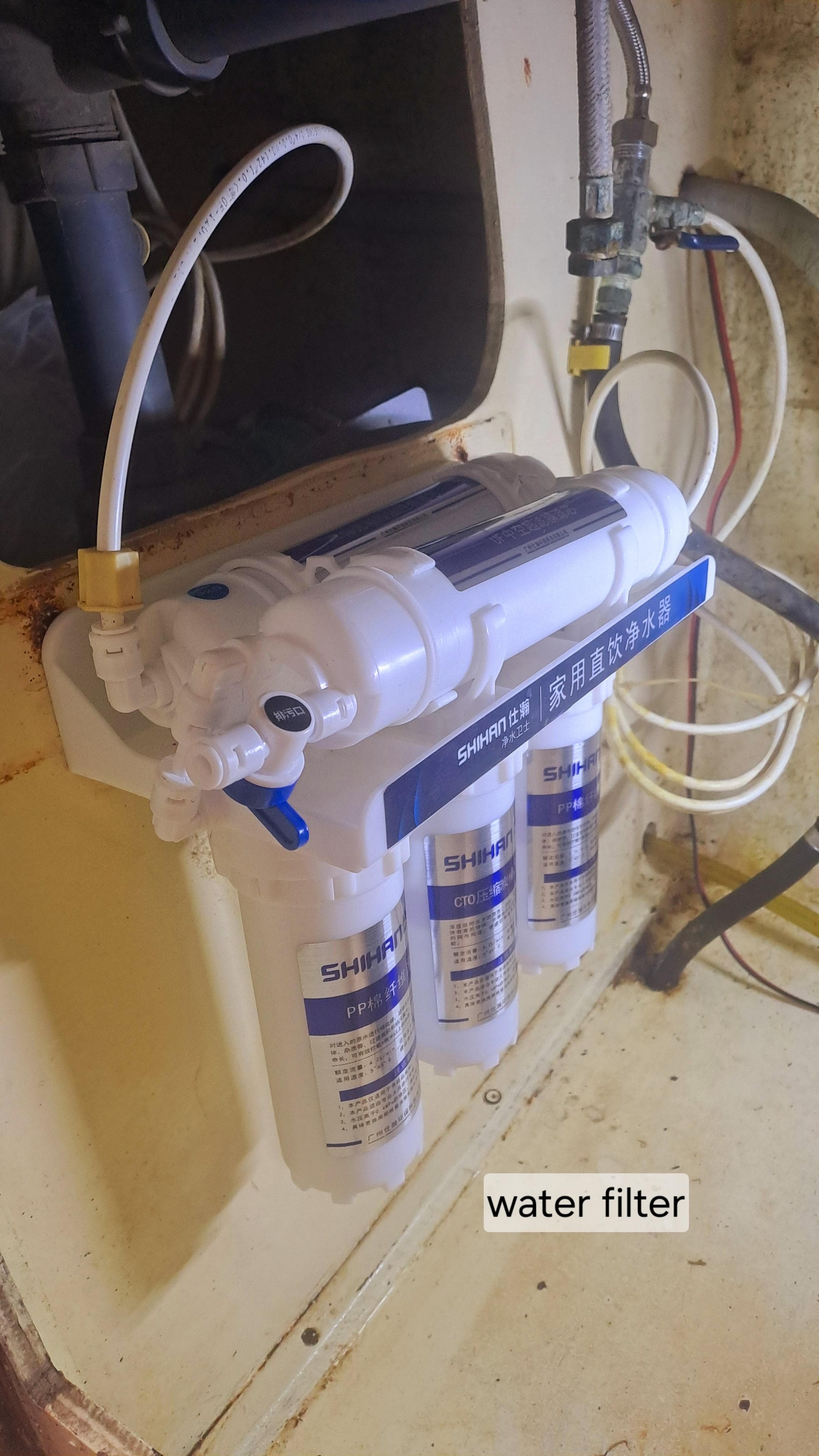 Water filter system installed on a 1982 Sino American Yacht Landfall 39.