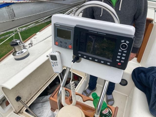 Cockpit of 1986 Pearson 36-2 sailboat with navigation equipment and controls.